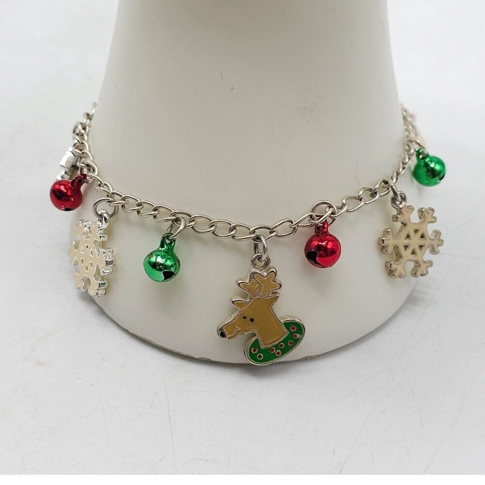 Multicolor Enamel Christmas Charm Chain Bangle Bracelet Gold Tone Vintage